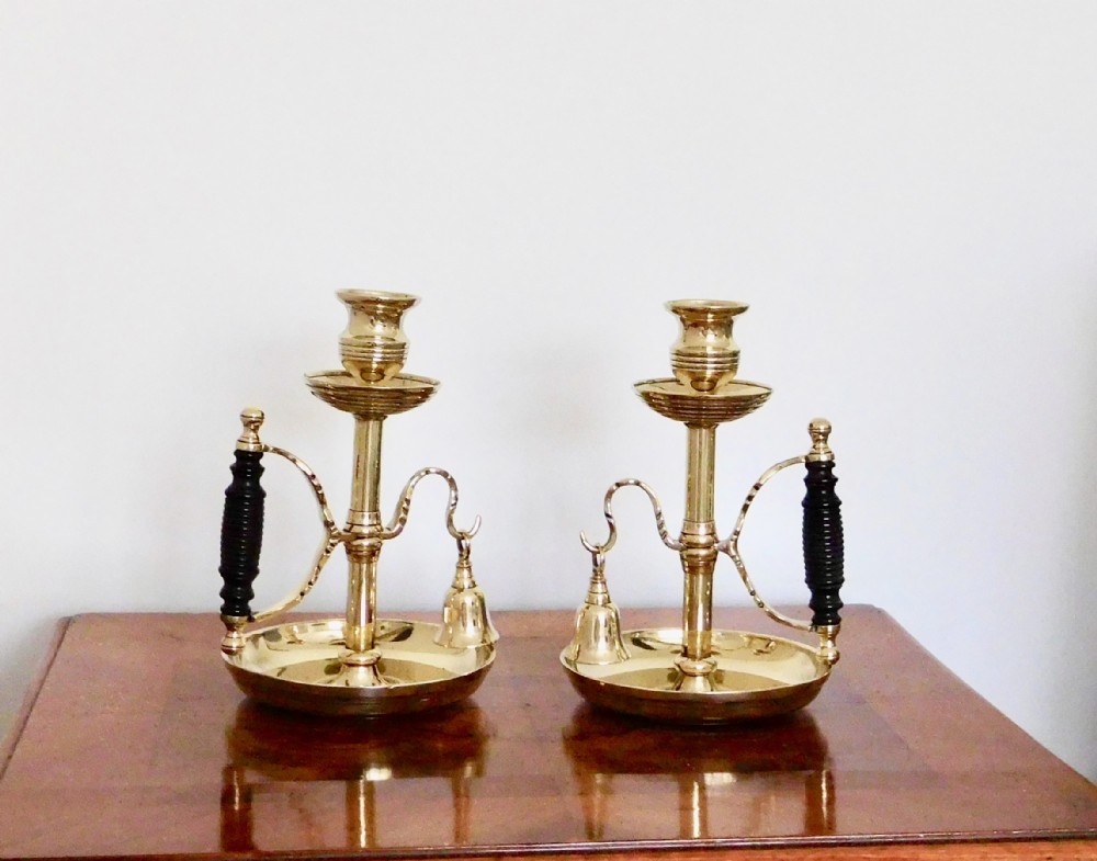 PAIR EDWARDIAN BRASS CHAMBERSTICKS WITH SNUFFERS 