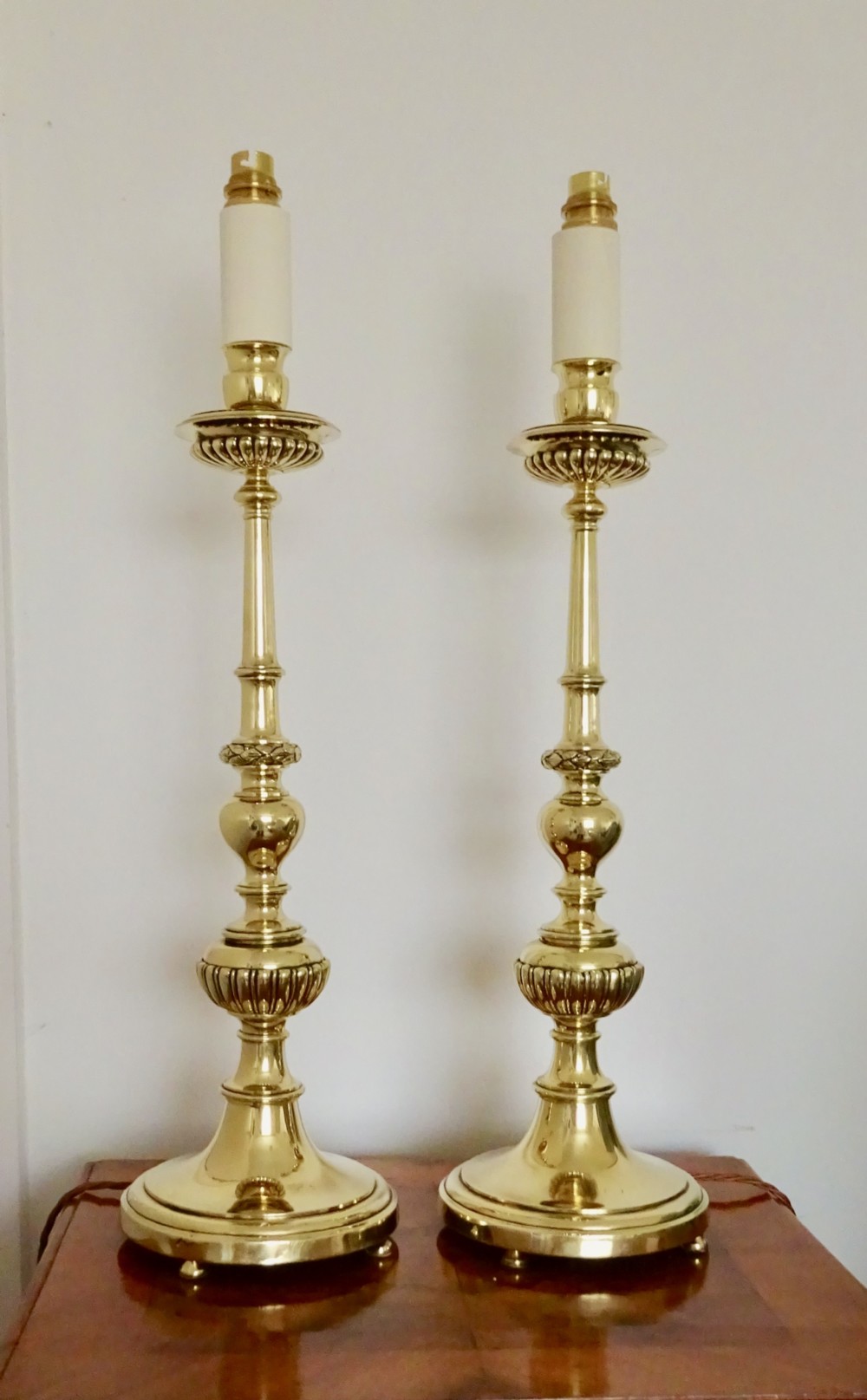 PAIR EDWARDIAN HEAVY BRASS TABLE LAMPS
