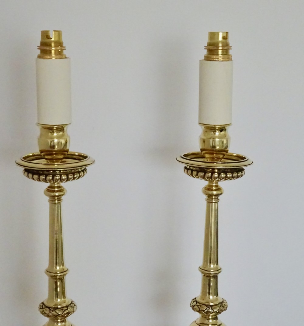 PAIR EDWARDIAN HEAVY BRASS TABLE LAMPS View V