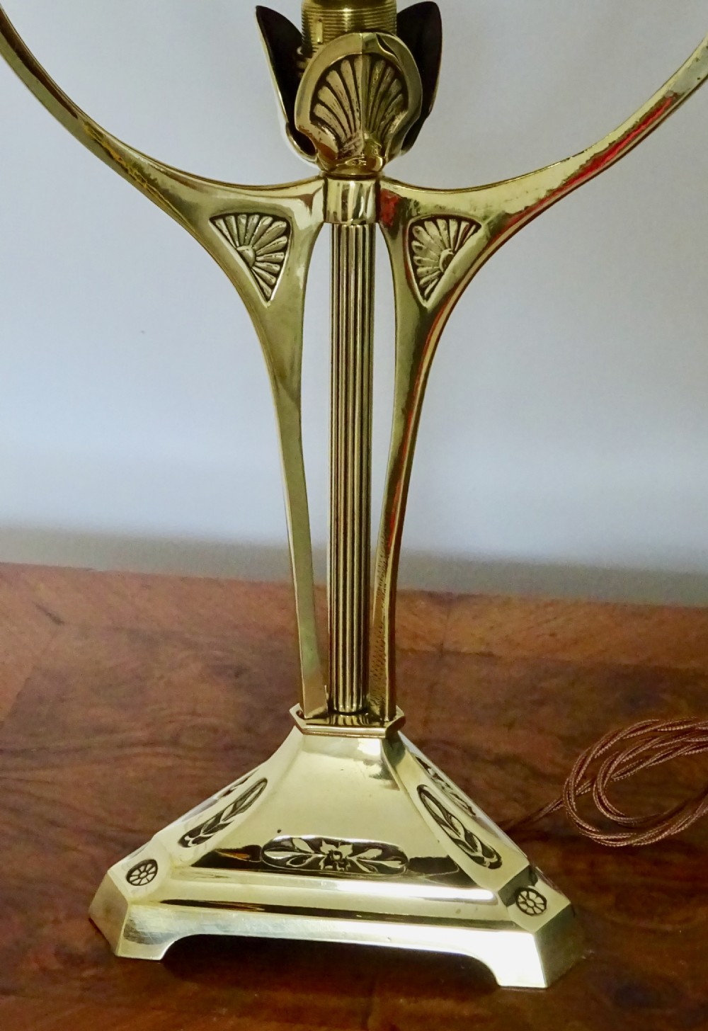 ART DECO BRASS LAMP WITH FACETED GLASS DECORATIONS ON THE SHADE View II
