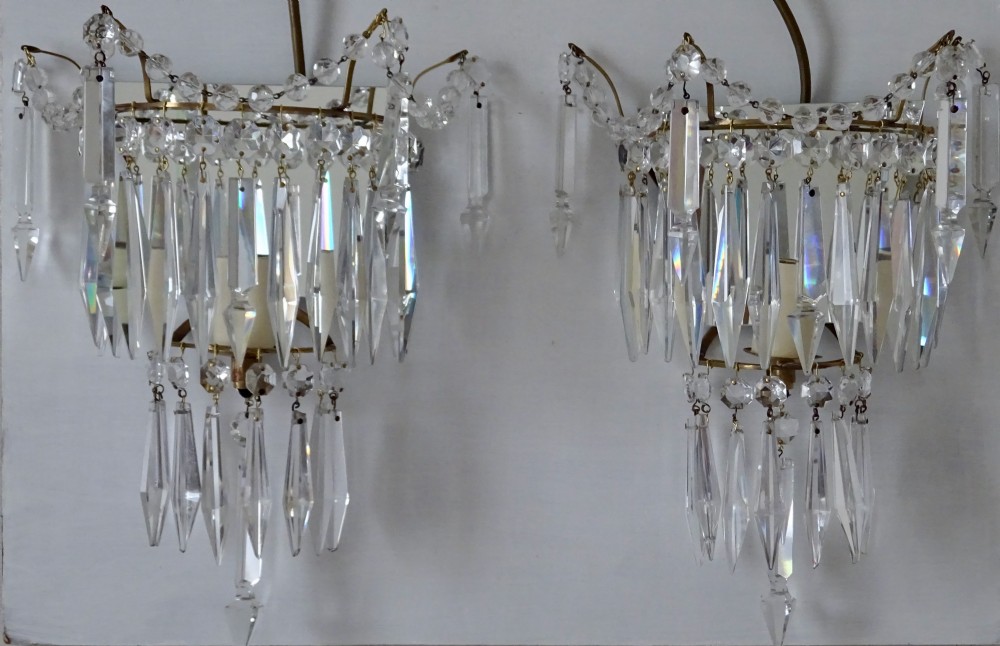 SET OF FOUR GLASS DROP, MIRROR BACKED WALL LIGHTS