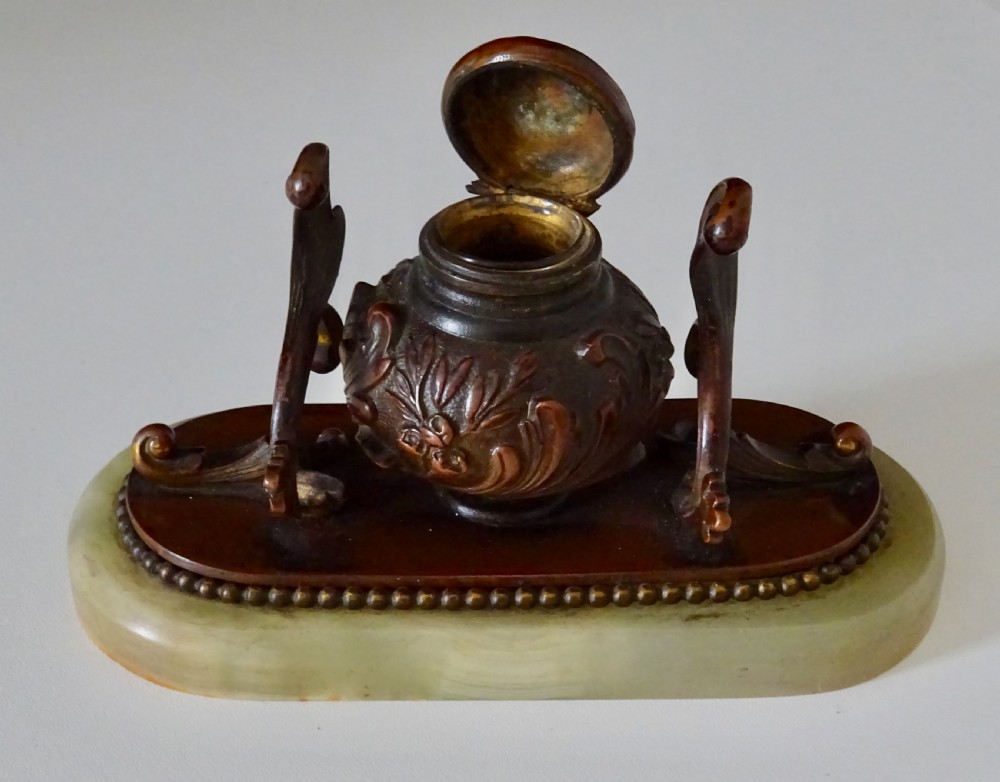 VICTORIAN BRONZE INKWELL ON ONYX BASE View II