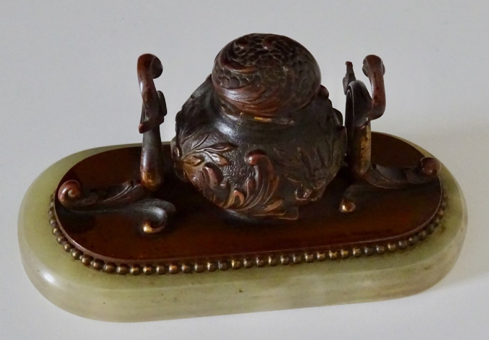VICTORIAN BRONZE INKWELL ON ONYX BASE View IV