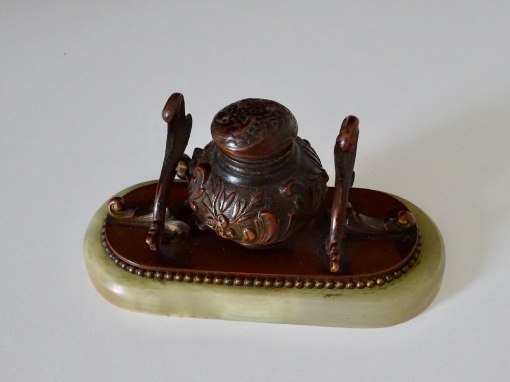 VICTORIAN BRONZE INKWELL ON ONYX BASE View V