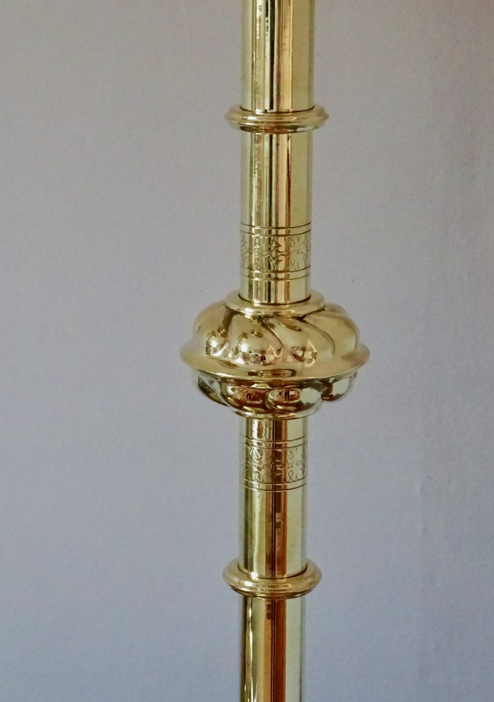 PAIR VICTORIAN VERY TALL AND HEAVY BRASS CANDLESTICKS View III