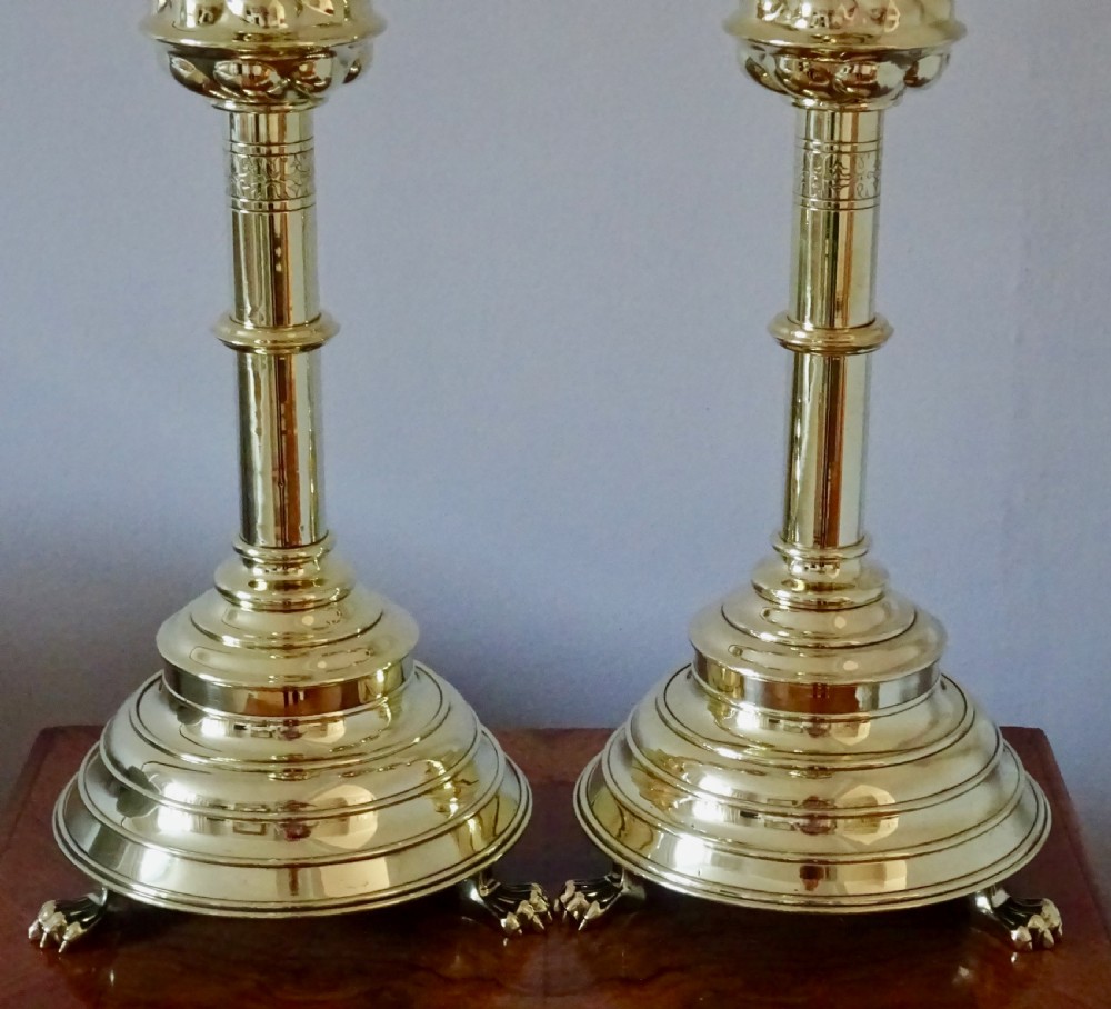 PAIR VICTORIAN VERY TALL AND HEAVY BRASS CANDLESTICKS View IV