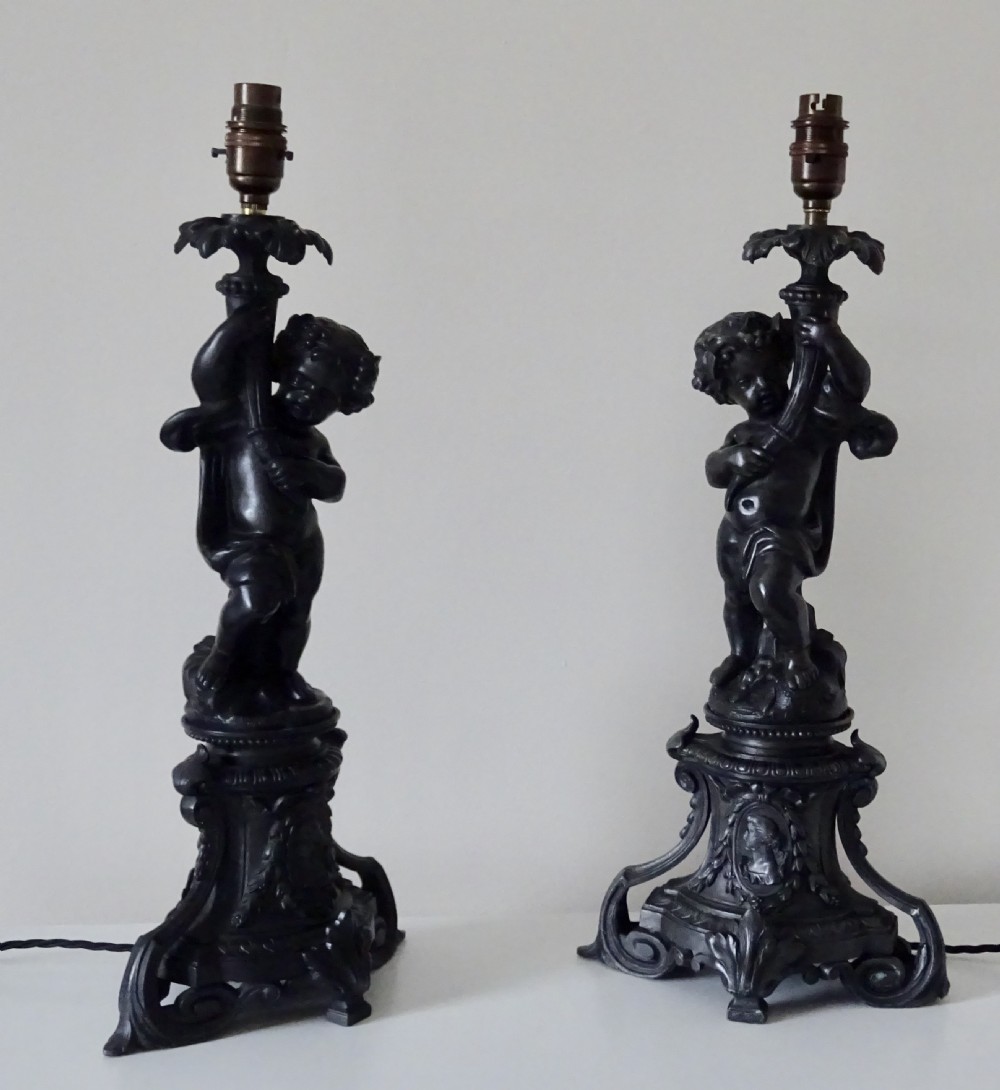 PAIR VICTORIAN SPELTER CHERUB LAMPS View II