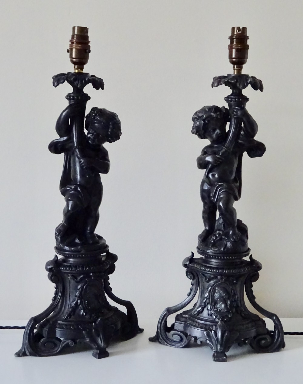 PAIR VICTORIAN SPELTER CHERUB LAMPS