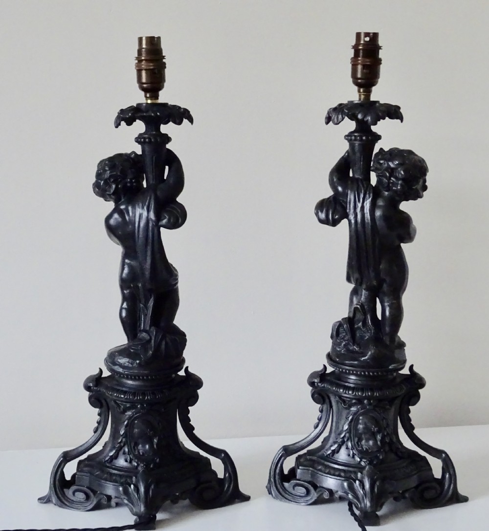 PAIR VICTORIAN SPELTER CHERUB LAMPS View VII