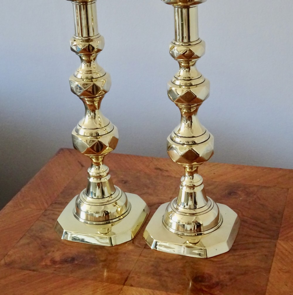 PAIR OF TALL VICTORIAN BRASS CANDLESTICKS View II