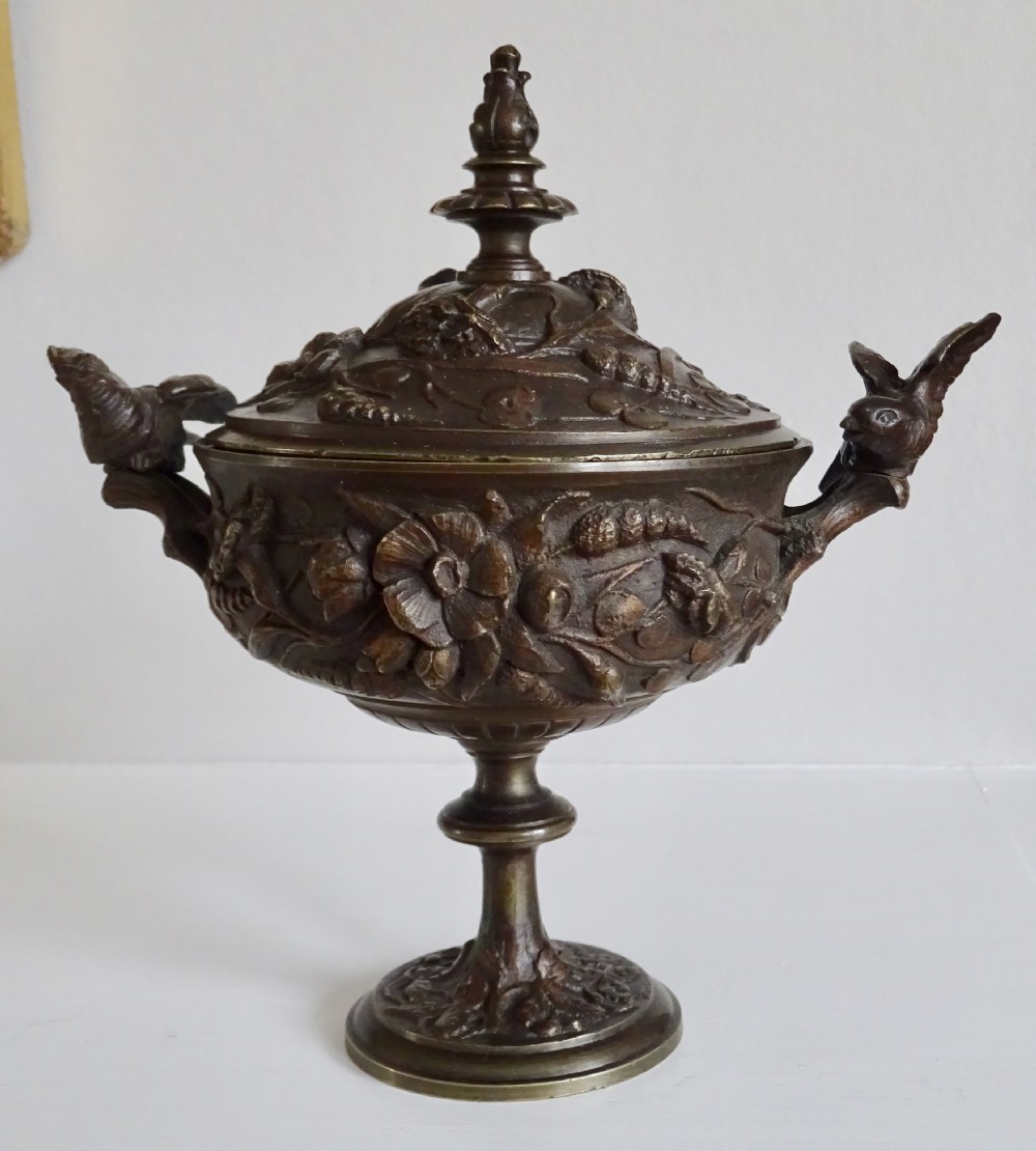 PAIR VICTORIAN BRONZE  VASES WITH BIRD HANDLES View VII