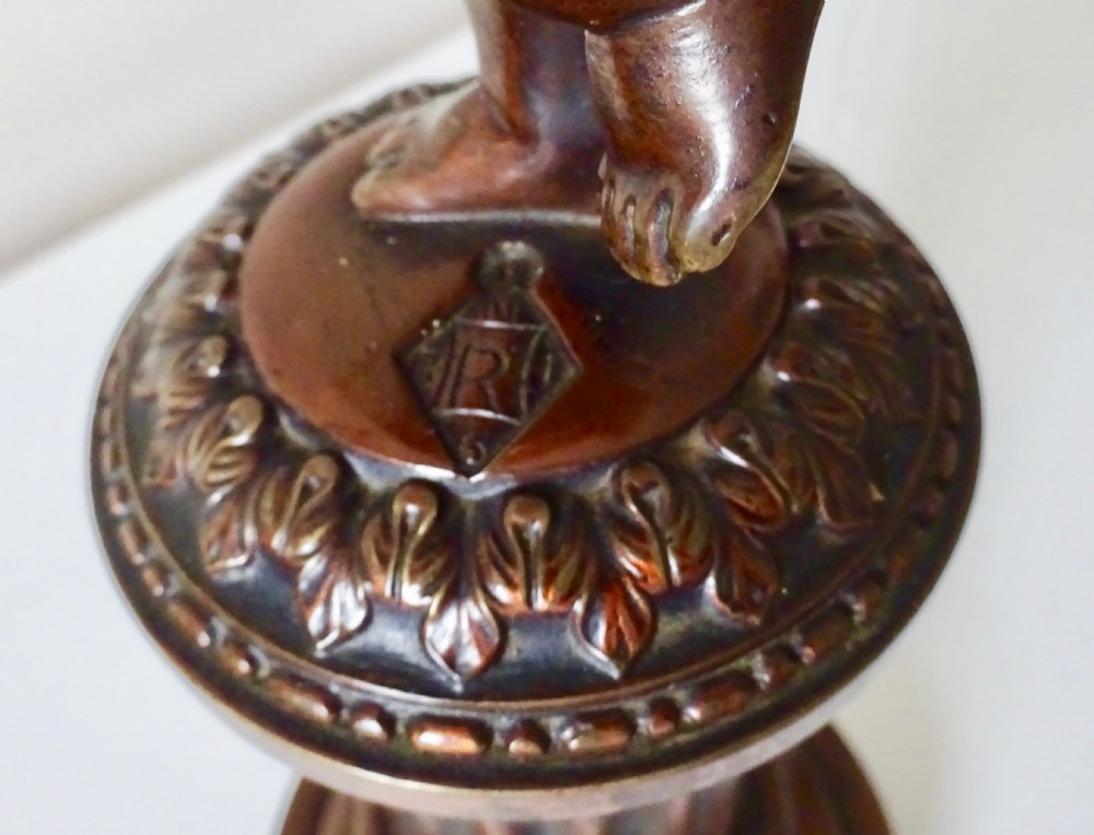 DATED 1864  PAIR BRONZE CHERUB CANDLESTICKS View X