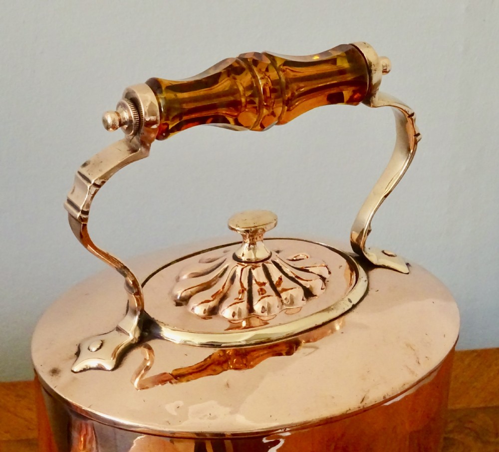 VICTORIAN COPPER KETTLE WITH AMBER GLASS HANDLE View V