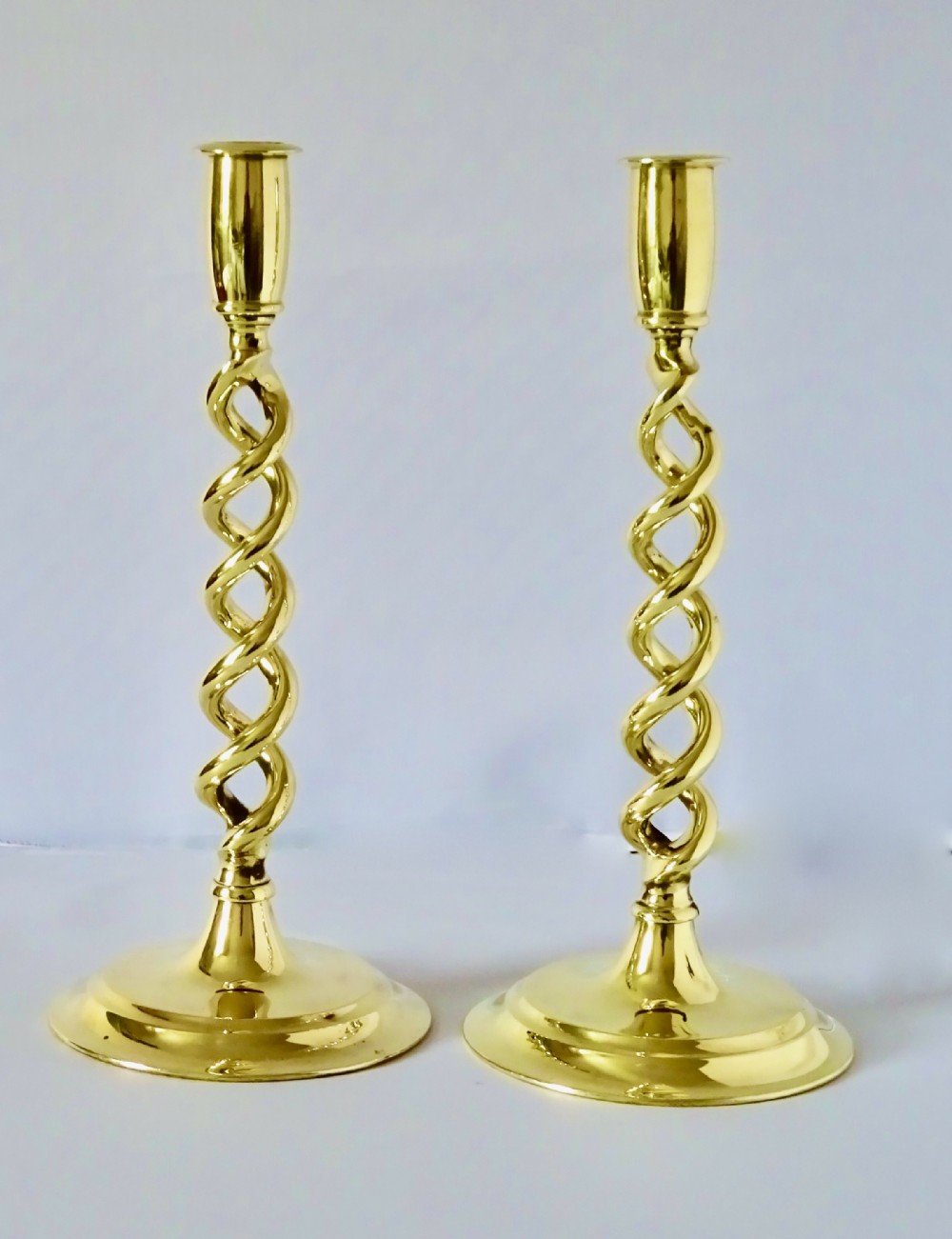 PAIR VICTORIAN BRASS OPEN TWIST CANDLESTICKS