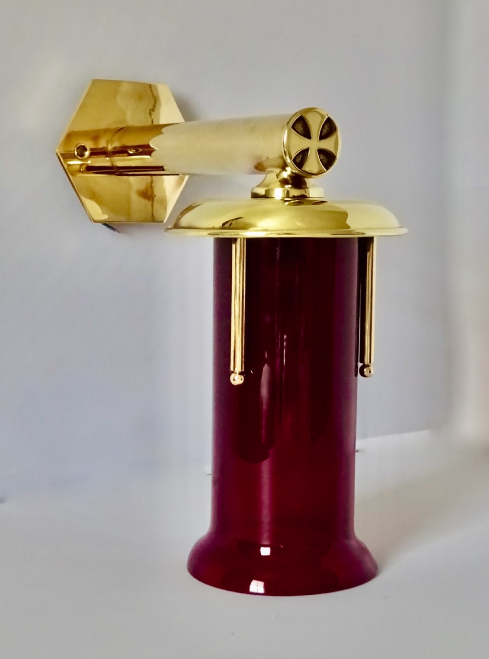 BRASS WALL LIGHT WITH ORIGINAL CRANBERRY SHADE