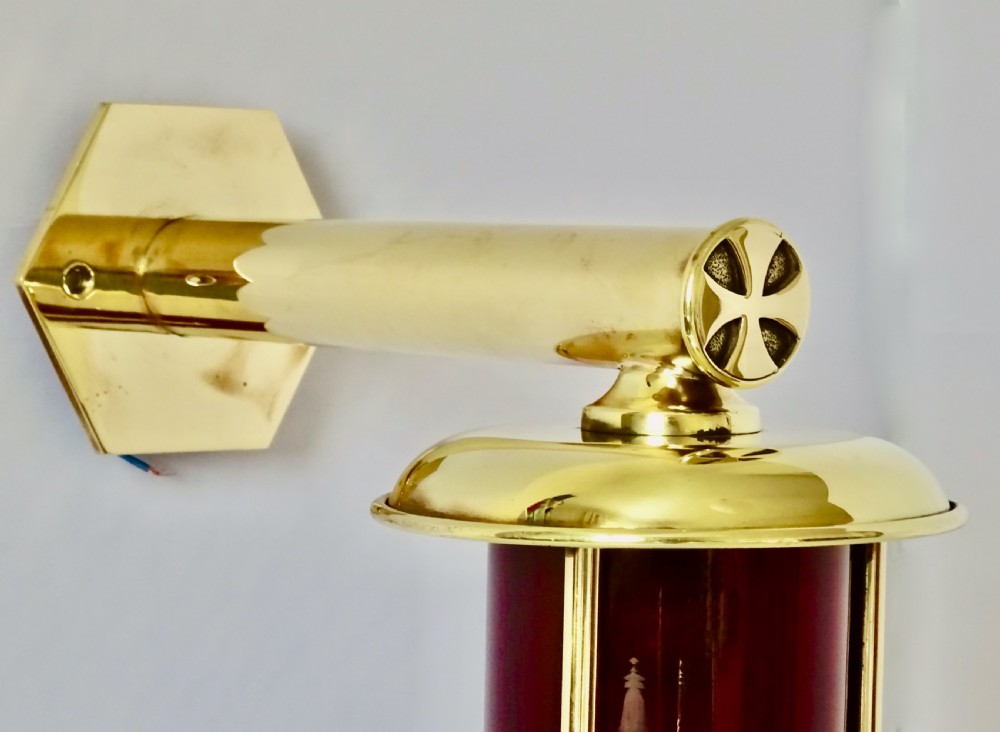BRASS WALL LIGHT WITH ORIGINAL CRANBERRY SHADE View III