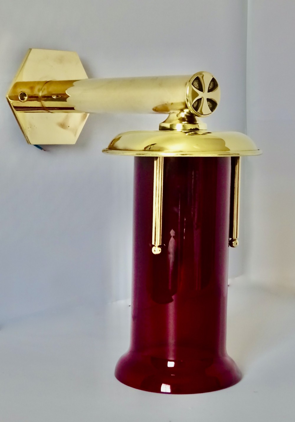 BRASS WALL LIGHT WITH ORIGINAL CRANBERRY SHADE View VI