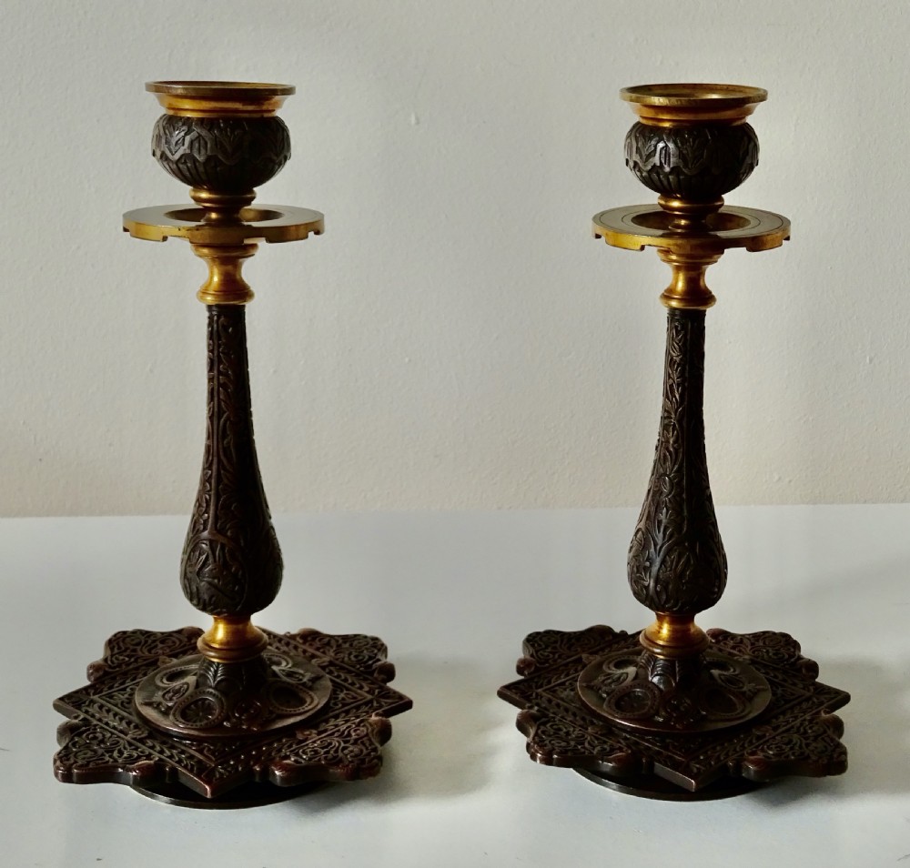 PAIR VICTORIAN GILDED BRONZE CANDLESTICKS View VI
