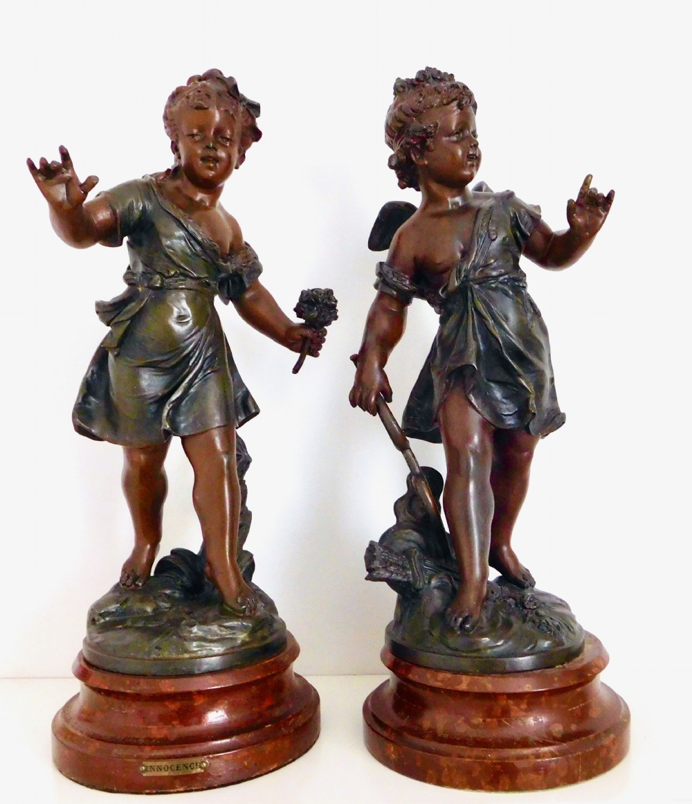 PAIR SIGNED BRUCHON SPELTER FIGURES
