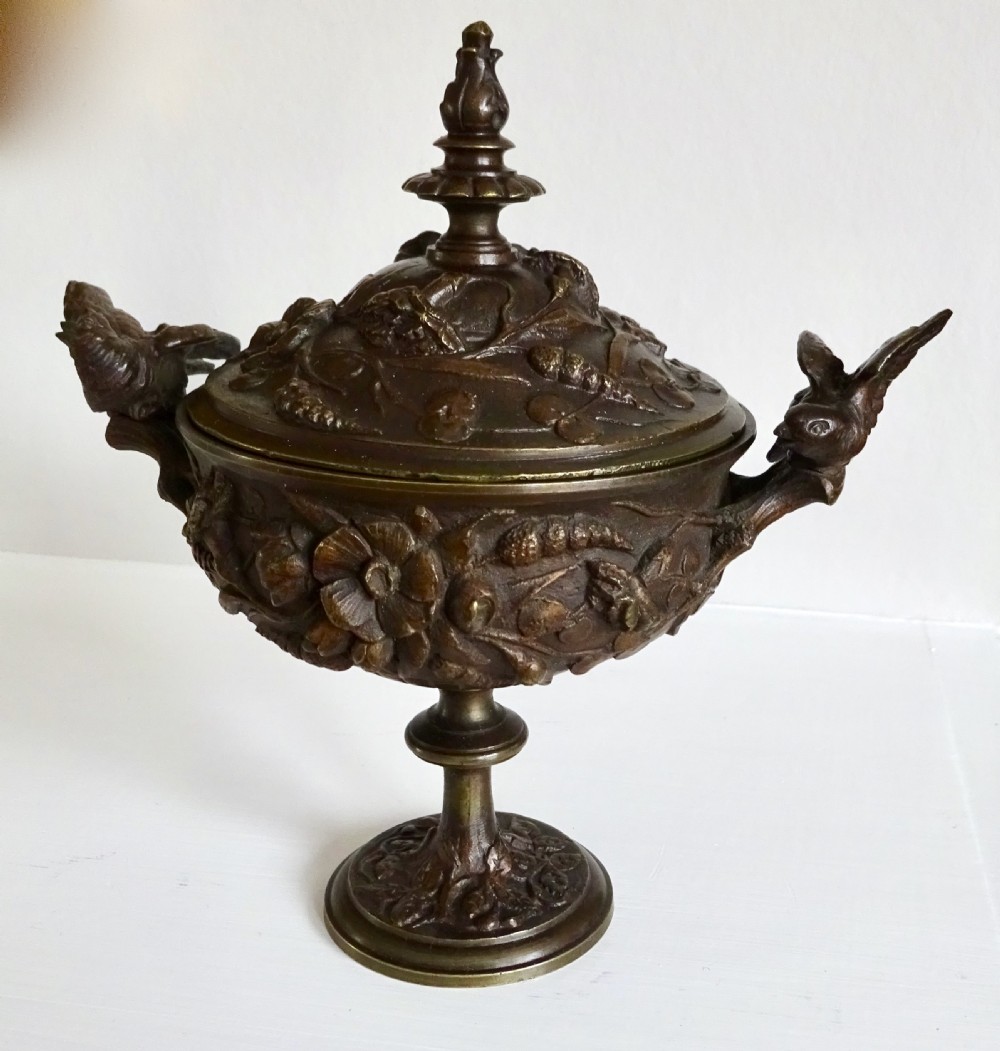 PAIR VICTORIAN BRONZE  VASES WITH BIRD HANDLES
