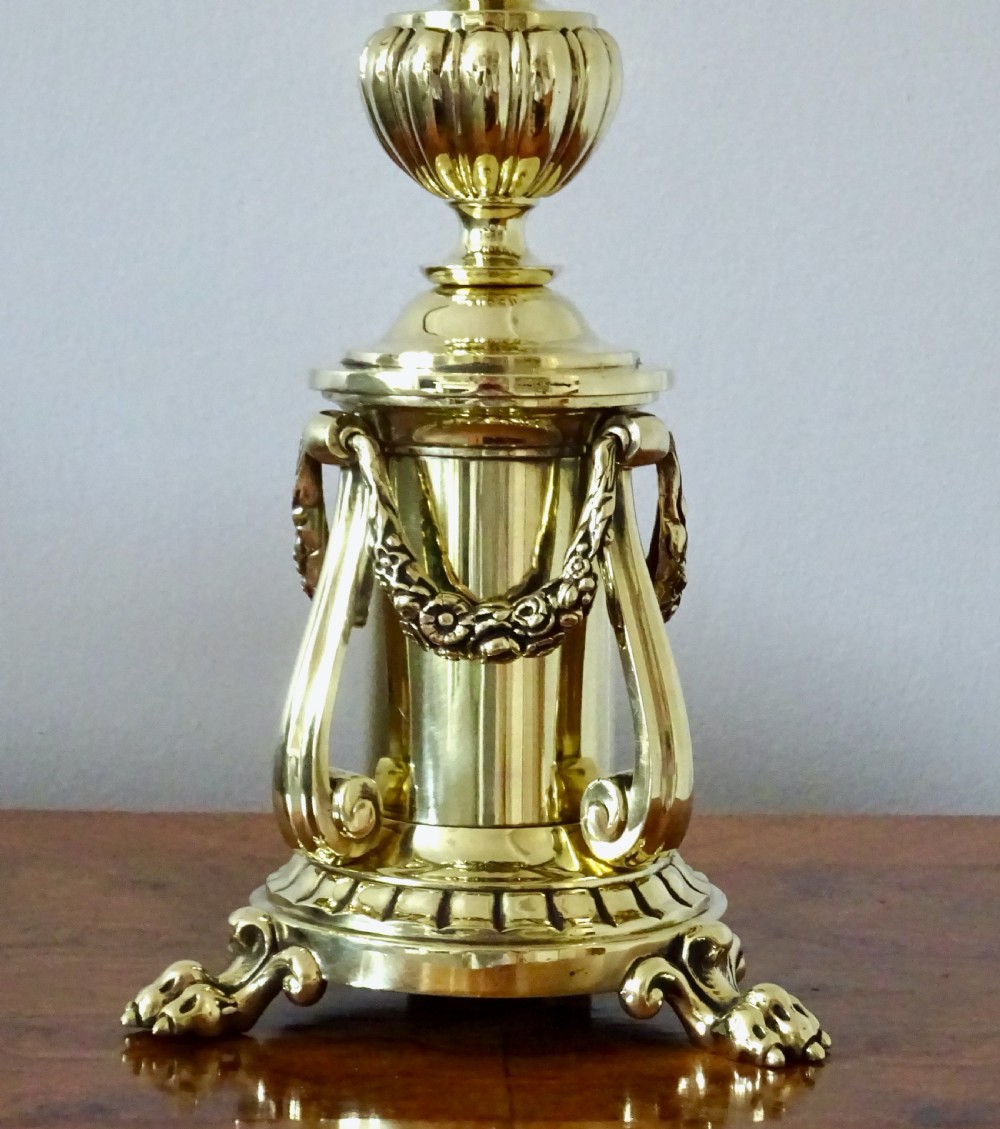EDWARDIAN BRASS LAMP WITH SWAGS AND LION'S CLAW FEET View II