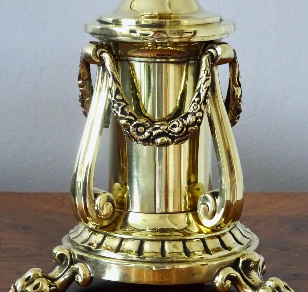 EDWARDIAN BRASS LAMP WITH SWAGS AND LION'S CLAW FEET View III