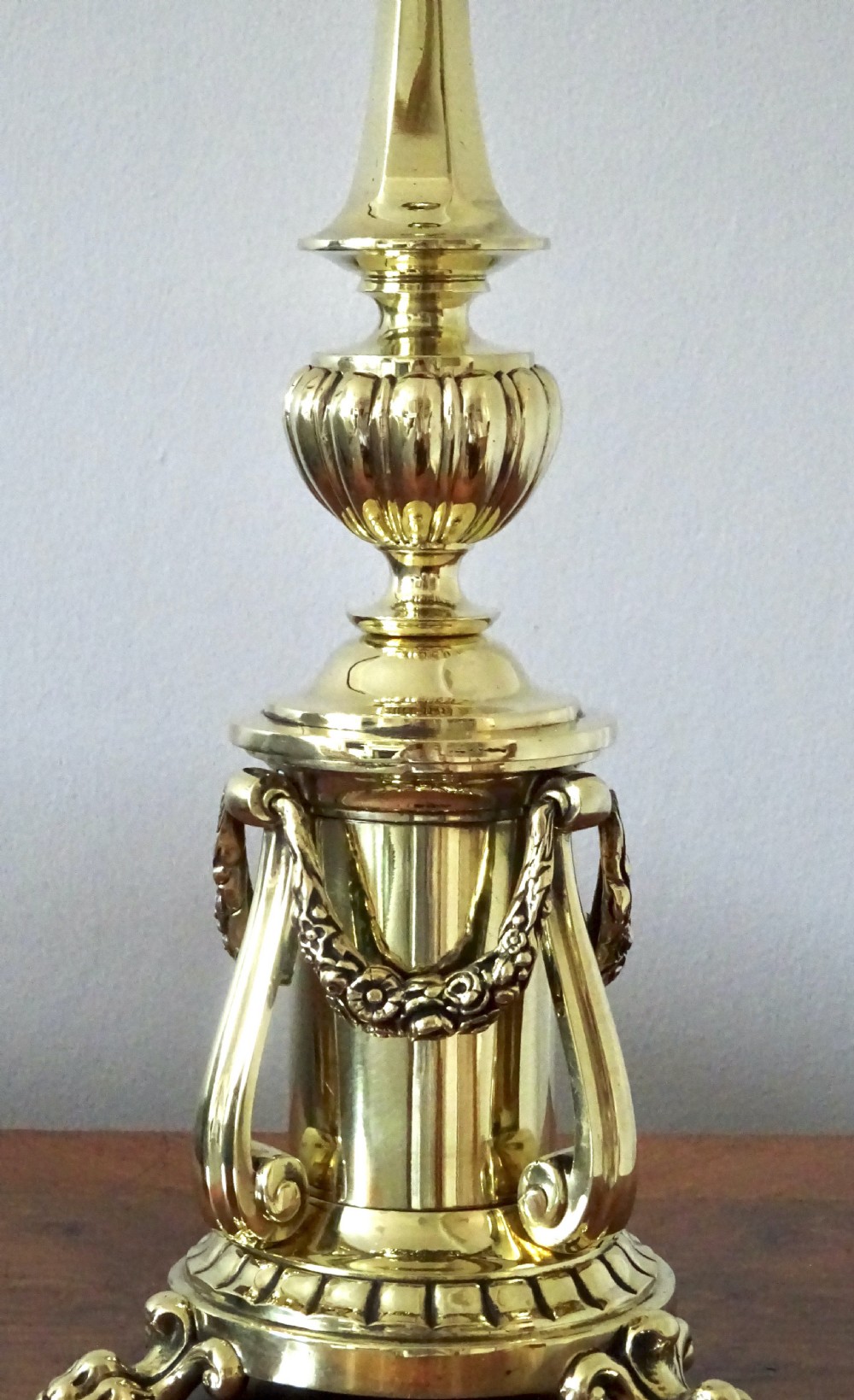 EDWARDIAN BRASS LAMP WITH SWAGS AND LION'S CLAW FEET View IV