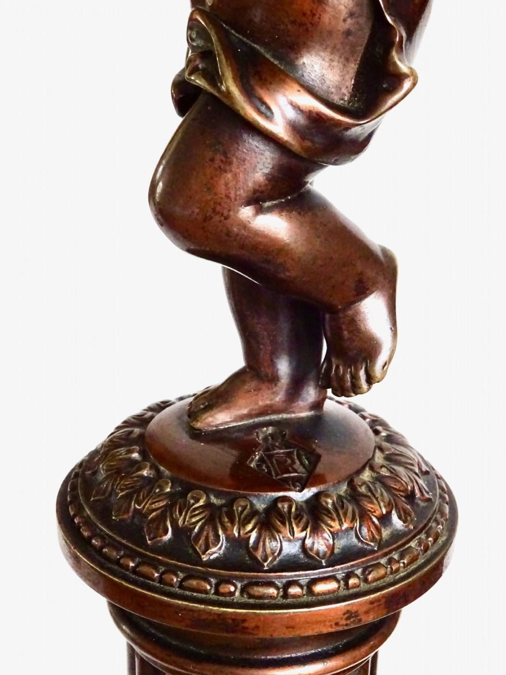DATED 1864  PAIR BRONZE CHERUB CANDLESTICKS View III