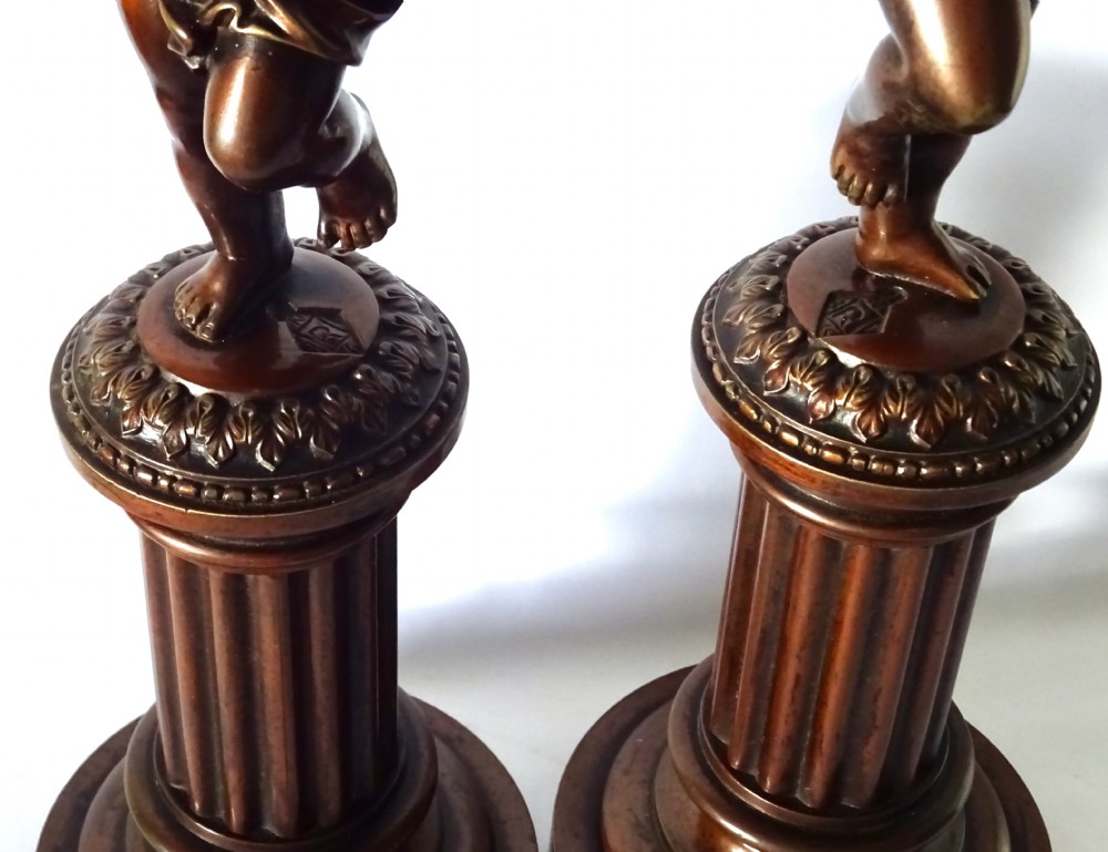 DATED 1864  PAIR BRONZE CHERUB CANDLESTICKS View XI