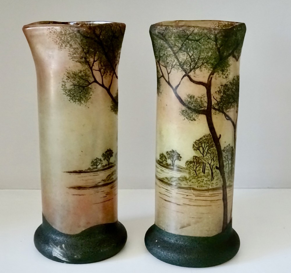 A PAIR OF  ENAMEL PAINTED GLASS VASES View II