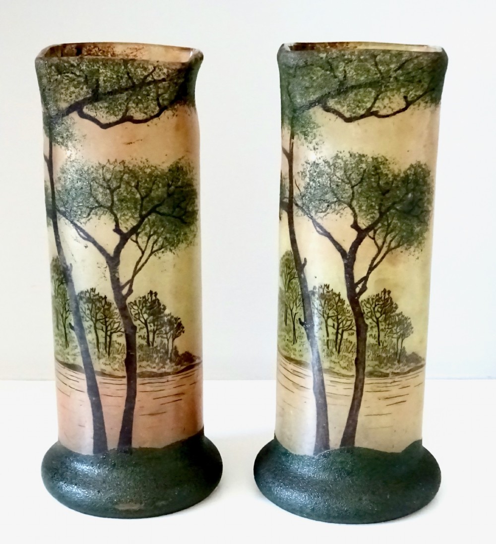 A PAIR OF  ENAMEL PAINTED GLASS VASES