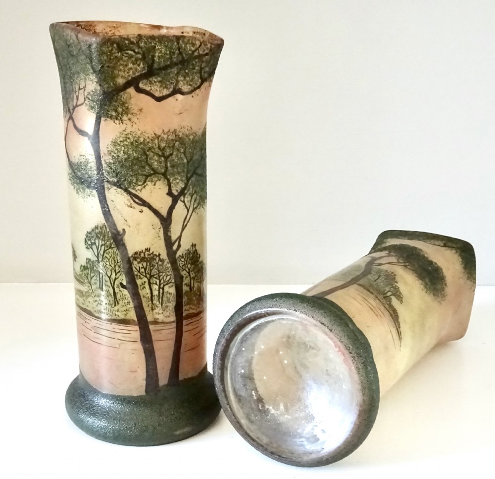 A PAIR OF  ENAMEL PAINTED GLASS VASES View V