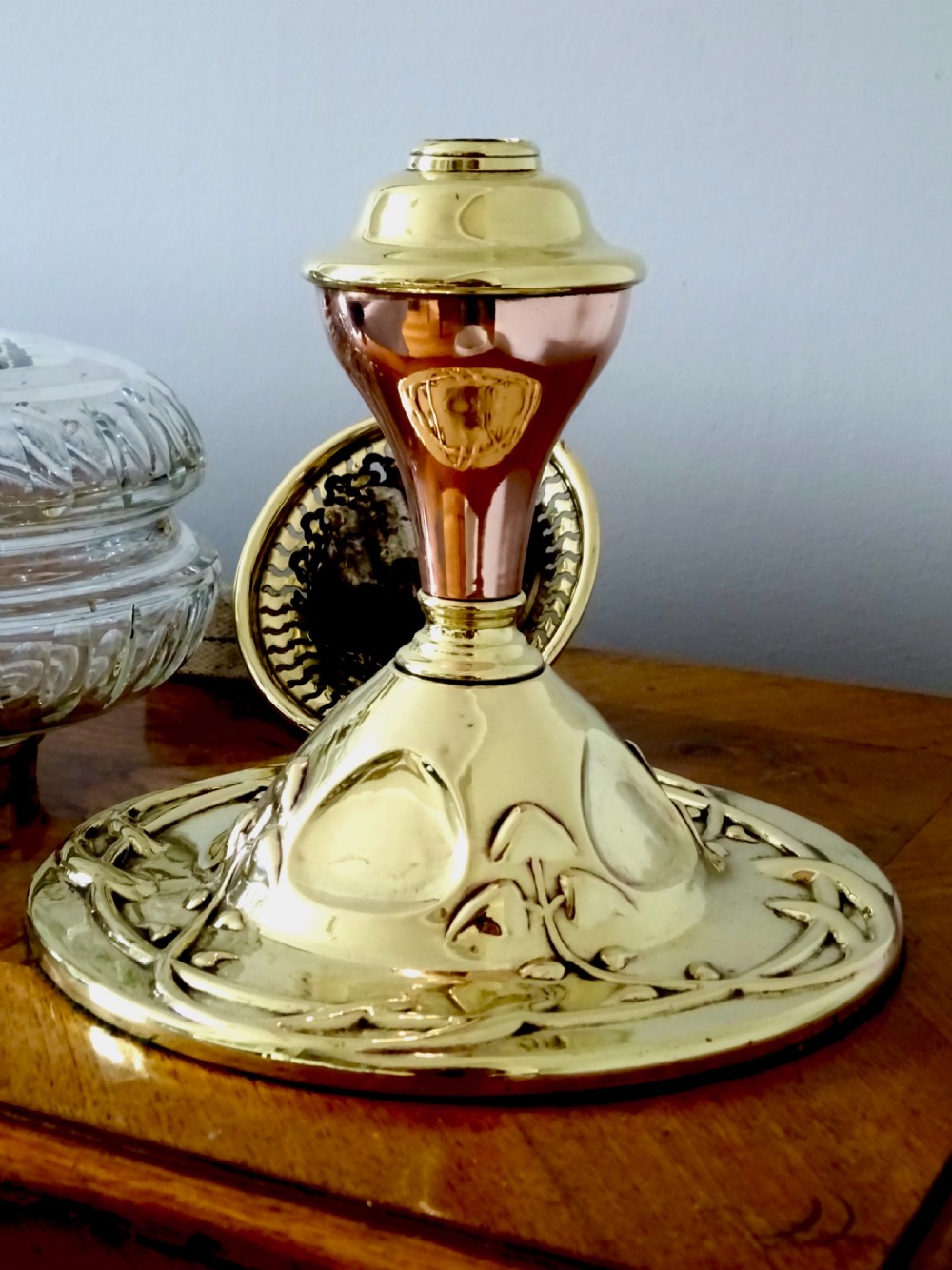 A BRASS, COPPER AND GLASS OIL LAMP View IX