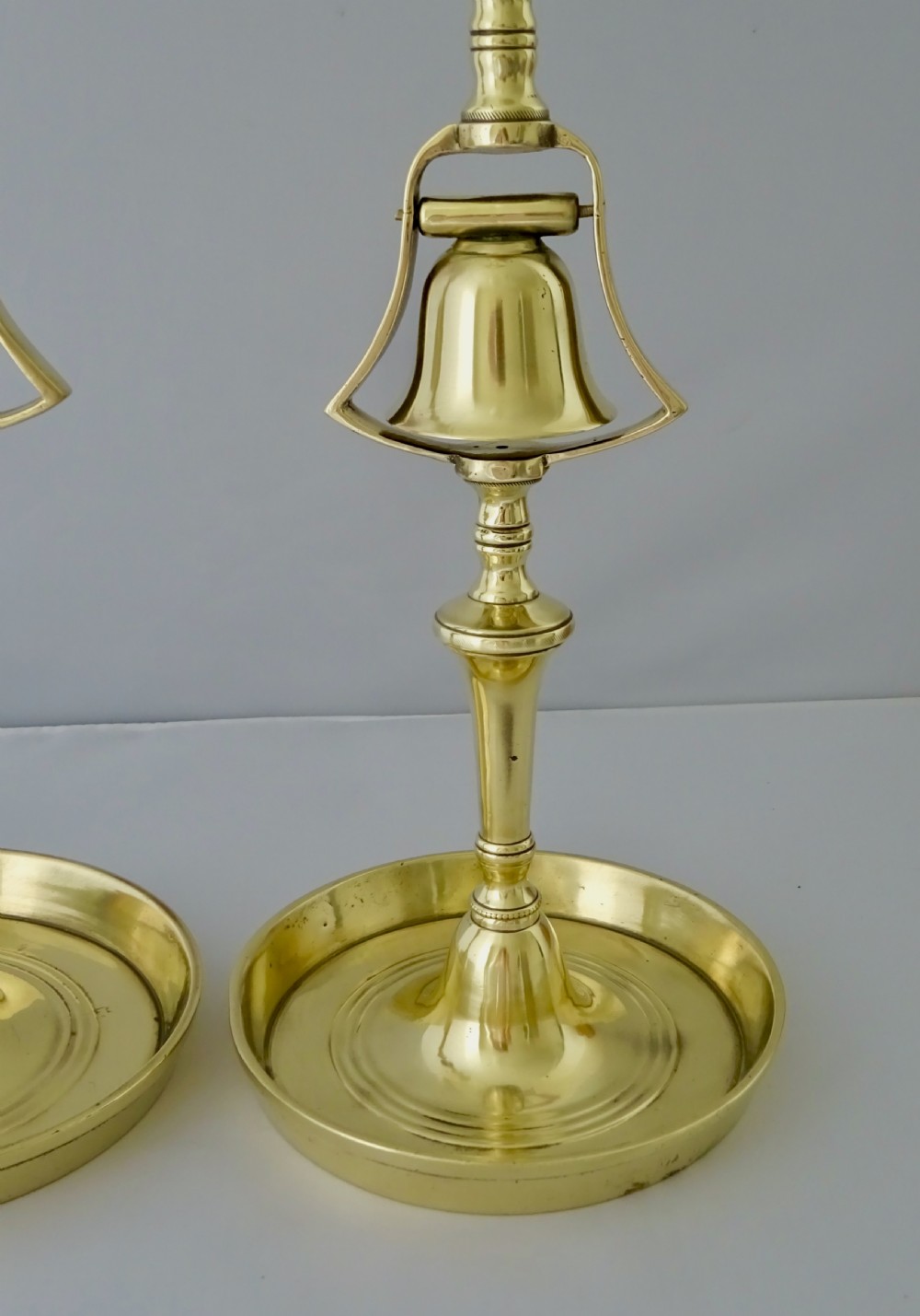 PAIR BRASS TAVERN CANDLESTICKS WITH BELLS View III