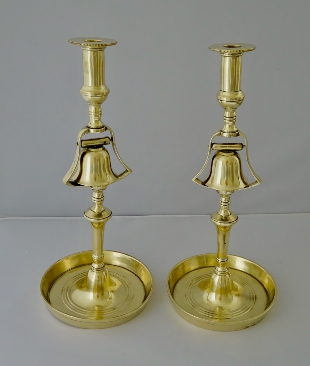 PAIR BRASS TAVERN CANDLESTICKS WITH BELLS View IV