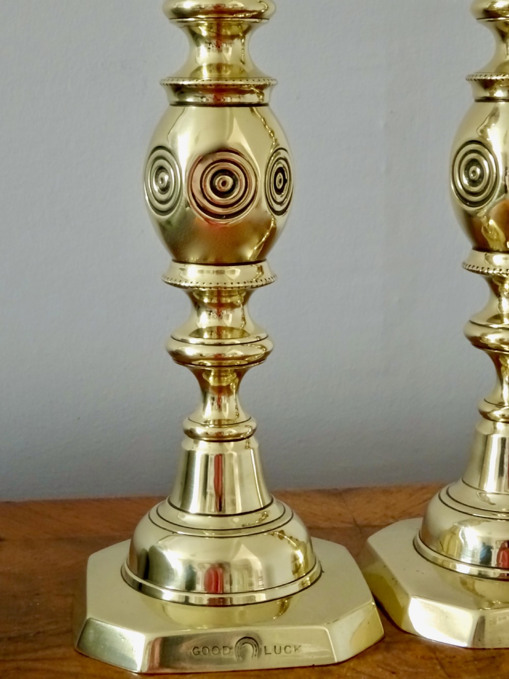 VICTORIAN 'GOOD LUCK' BRASS CANDLESTICKS View V