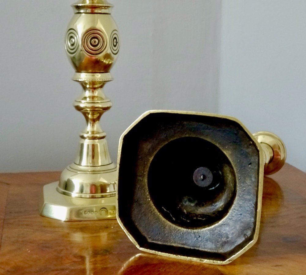 VICTORIAN 'GOOD LUCK' BRASS CANDLESTICKS View VI