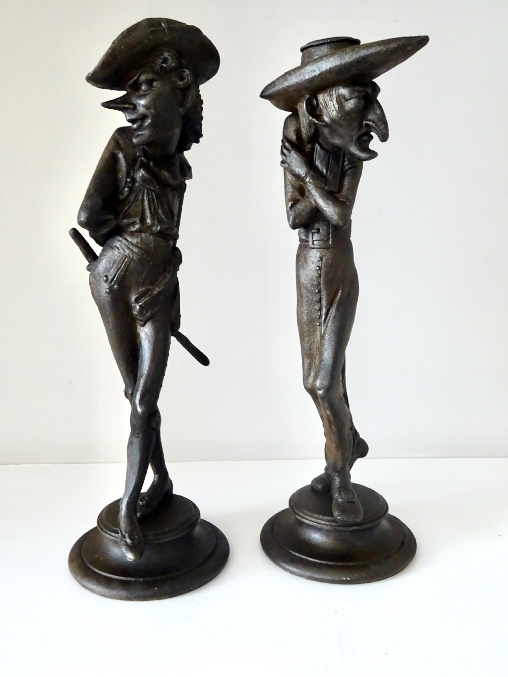 PAIR FIN DE SIECLE SPELTER 'GROTESQUE'CANDLESTICKS