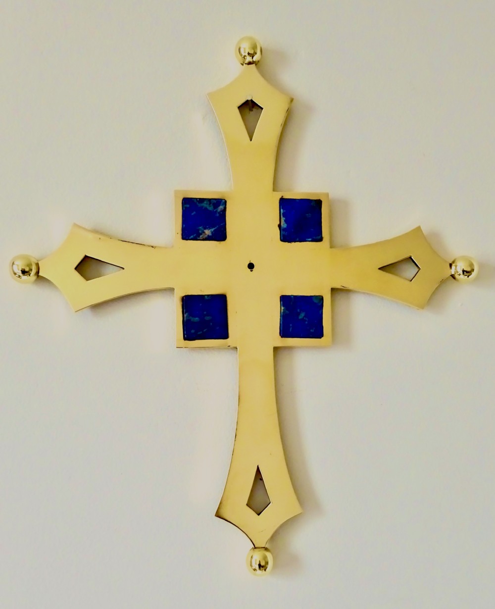 LARGE BRONZE, BRASS AND LAPIS CROSS