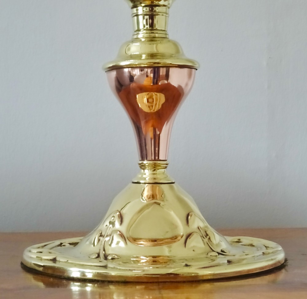 A BRASS, COPPER AND GLASS OIL LAMP View III