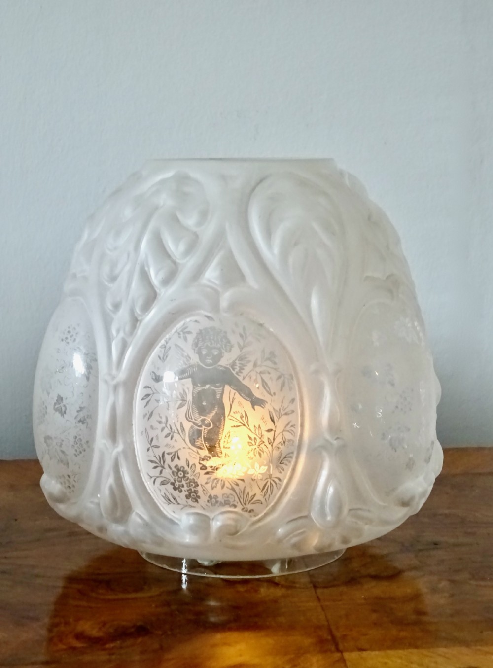 A BRASS, COPPER AND GLASS OIL LAMP View IV