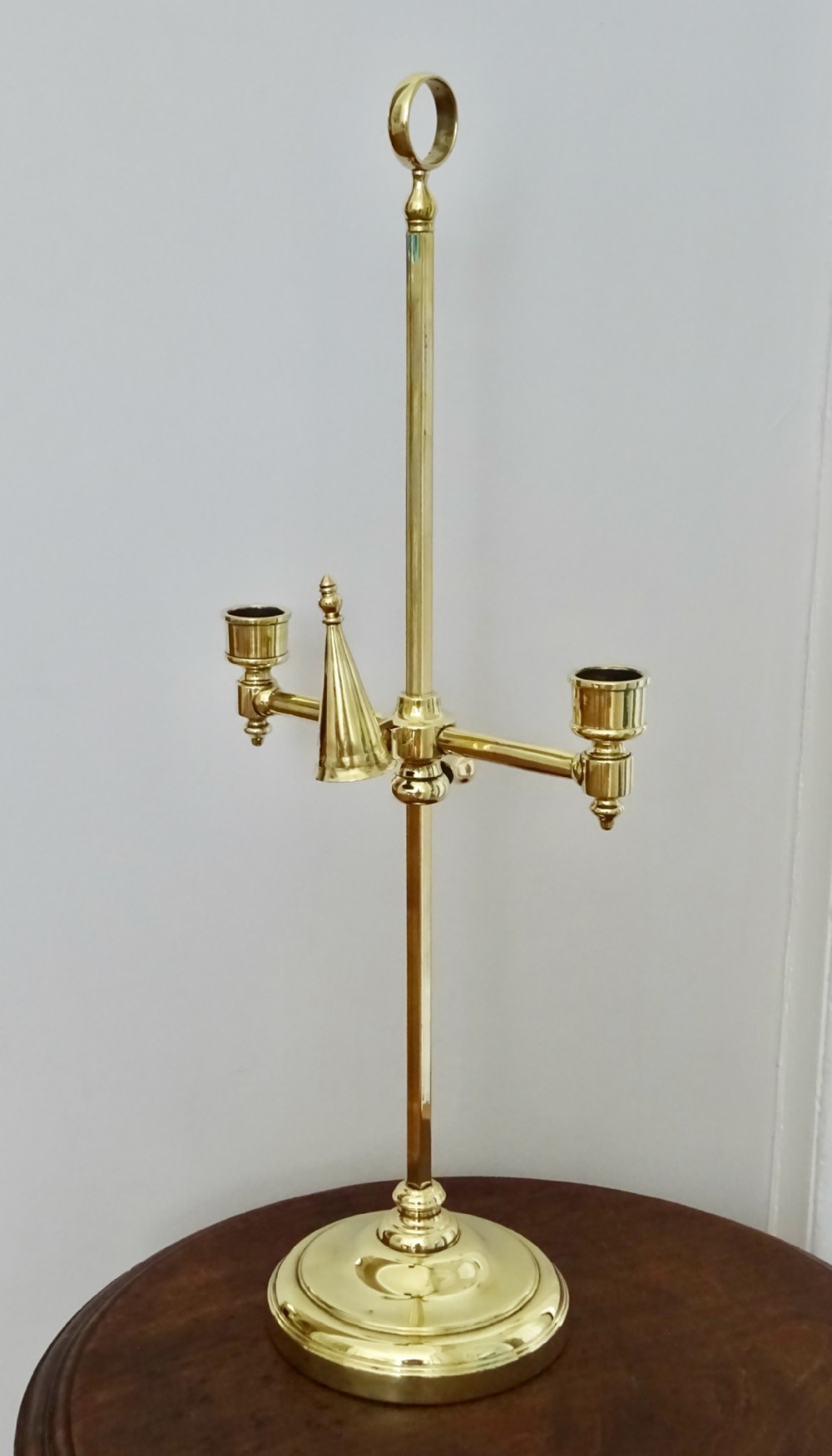 ADJUSTABLE HEIGHT DOUBLE ARM CANDLE HOLDER AND SNUFFLER