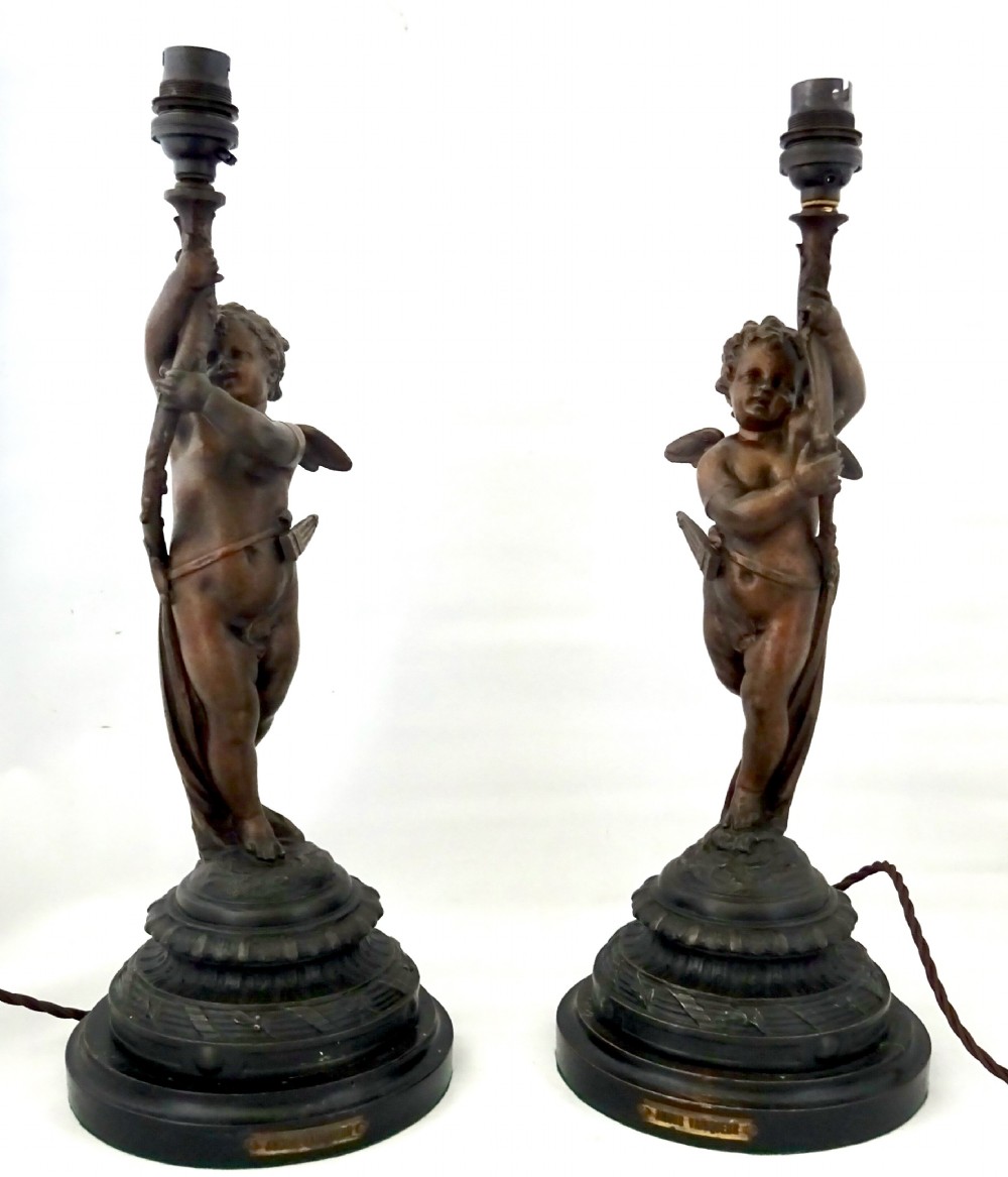 PAIR SPELTER CHERUB LAMPS