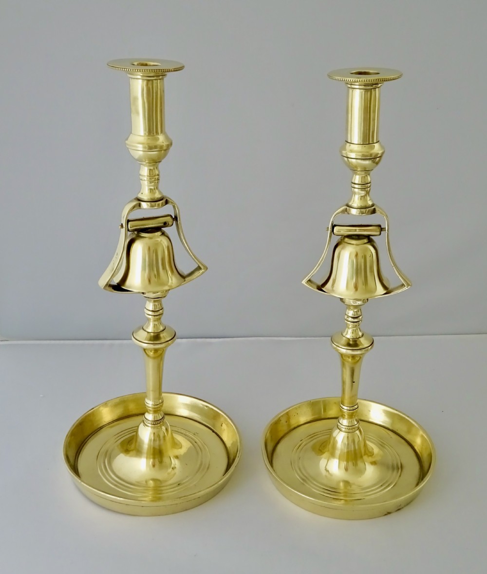 PAIR BRASS TAVERN CANDLESTICKS WITH BELLS