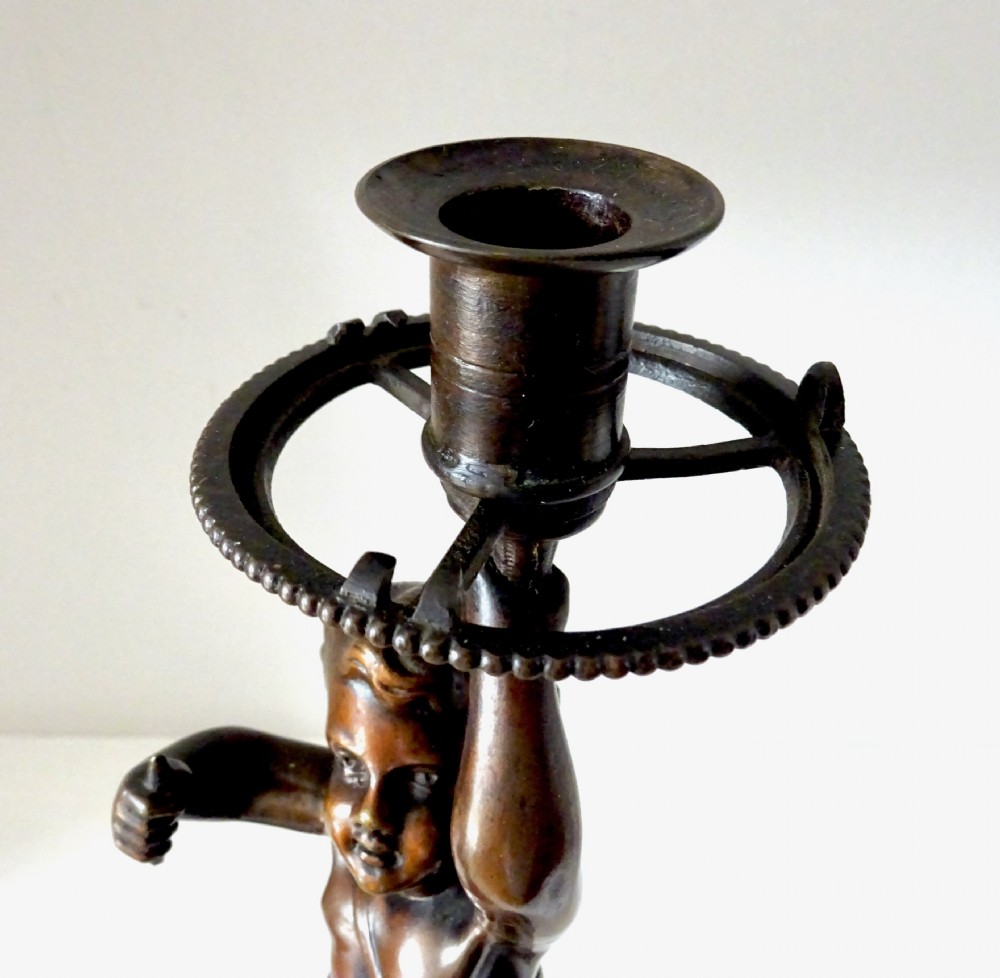 DATED 1864  PAIR BRONZE CHERUB CANDLESTICKS View XIV