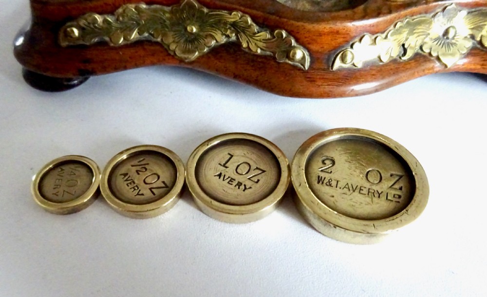 POSTAL SCALES ON A BRASS AND WALNUT BASE View III