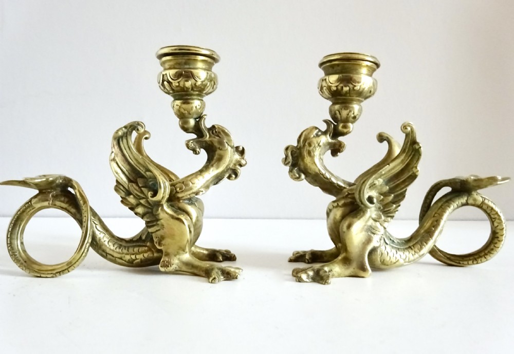PAIR OF BRASS DRAGON CANDLESTICKS View II