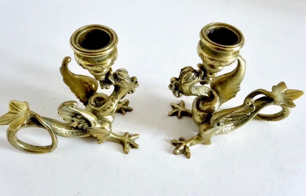 PAIR OF BRASS DRAGON CANDLESTICKS View III