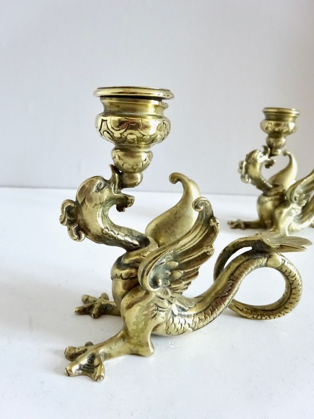 PAIR OF BRASS DRAGON CANDLESTICKS View IV
