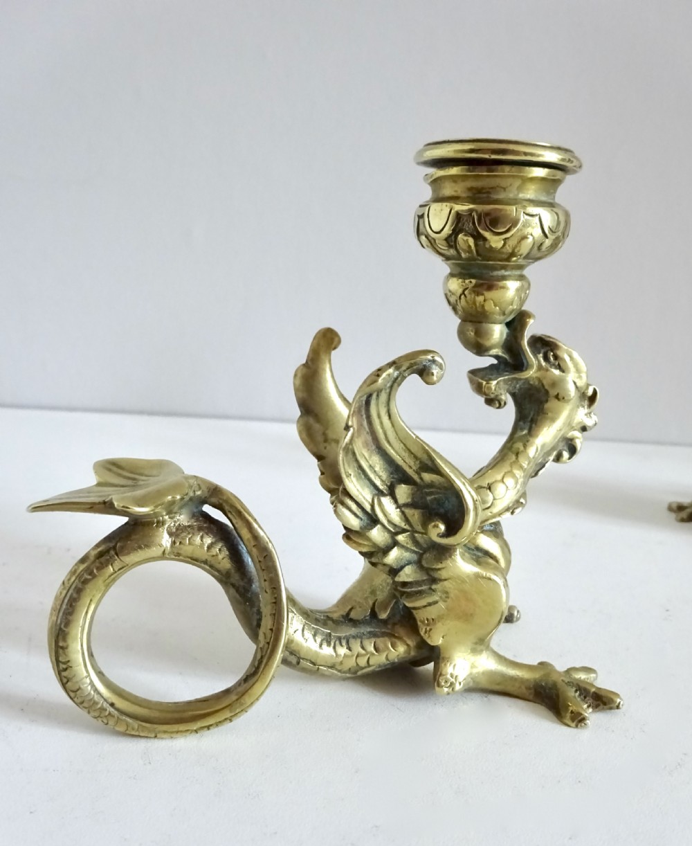 PAIR OF BRASS DRAGON CANDLESTICKS View V
